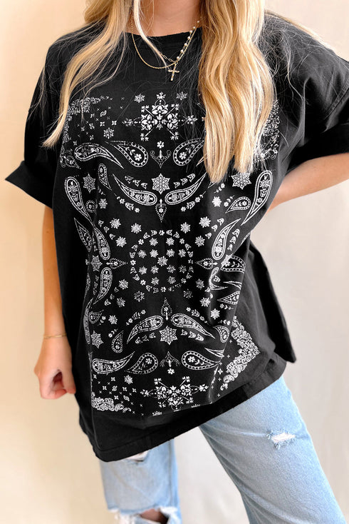 Black Paisley Print Crew Neck Loose Fit Tunic Tee